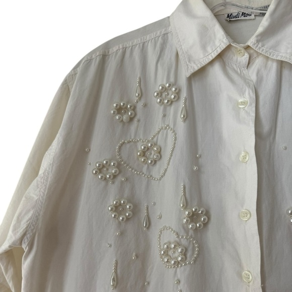 Vintage Pearl Embellished Shirt Size L White Cotton Button Up Down 80s 90s - Picture 2 of 8